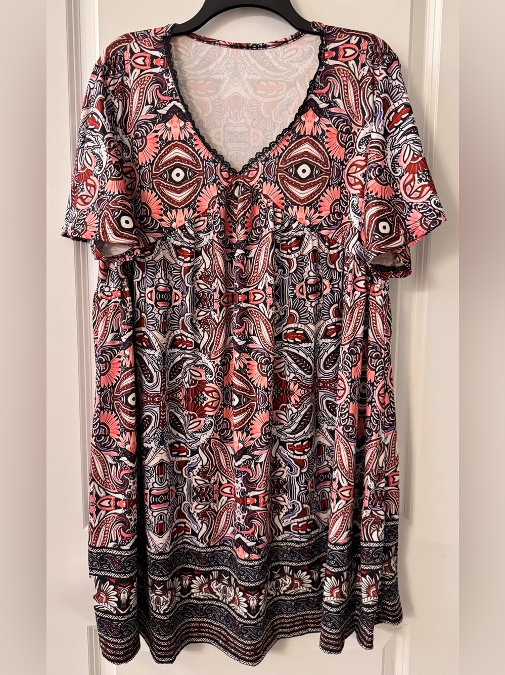 #z273 Black Multi Color Geo Floral Paisley Tribal Print Short Sleeve Mini Dress